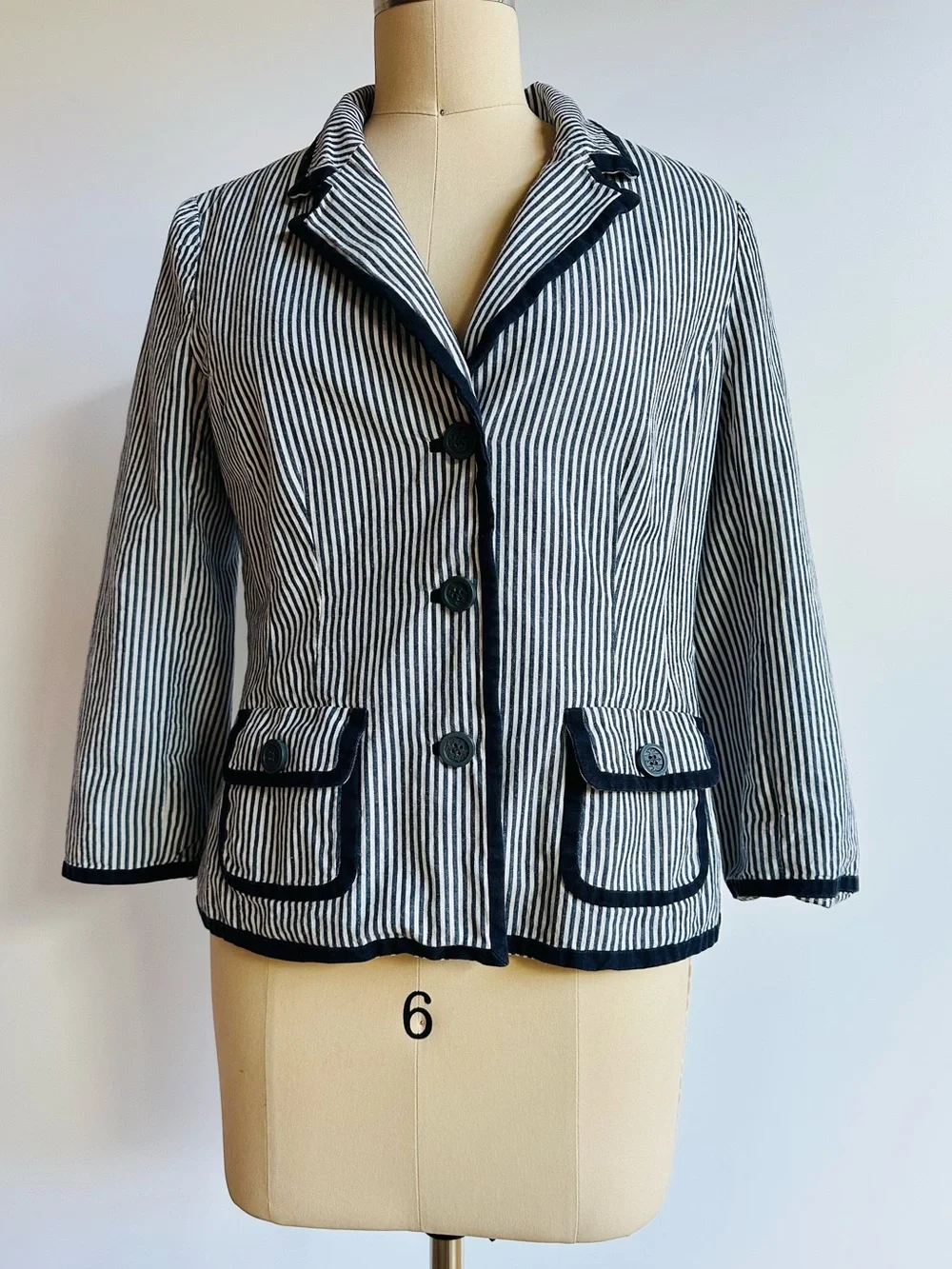 Vintage Tory Burch Seersucker Stripe Linen Cotton Blazer Jacket Navy Preppy